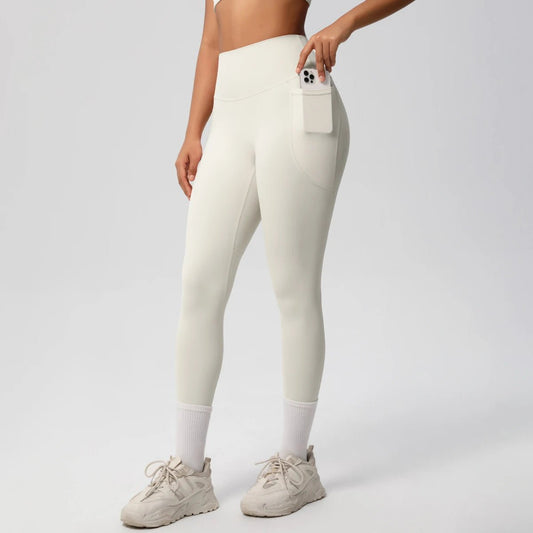 High waist Mandotos women's yoga leggings with stretch fabric, pockets, and push-up design for fitness and running in solid color.