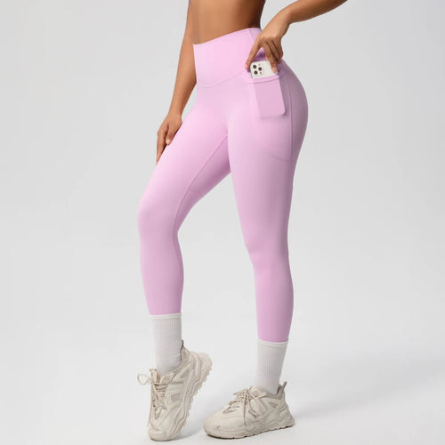 High waist women's Mandotos International yoga leggings with stretch fabric, pockets, and a push-up fit for fitness and running.