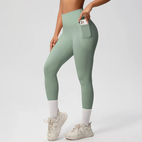 Mandotos high waist women's yoga leggings with pockets, stretch fabric, push-up design, suitable for fitness, running, and sports.