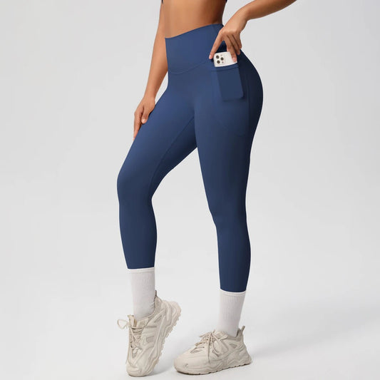 Mandotos International high waist women's stretch yoga leggings with pockets, push-up design, ideal for fitness and running.