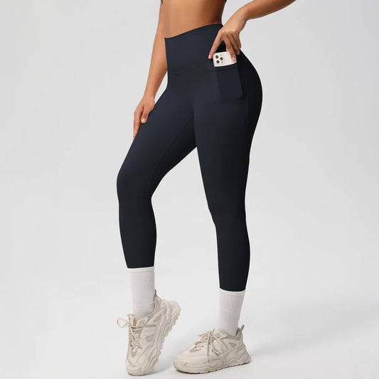 Mandotos International high waist women's stretch yoga leggings with pockets, push-up fit, ideal for fitness and running.