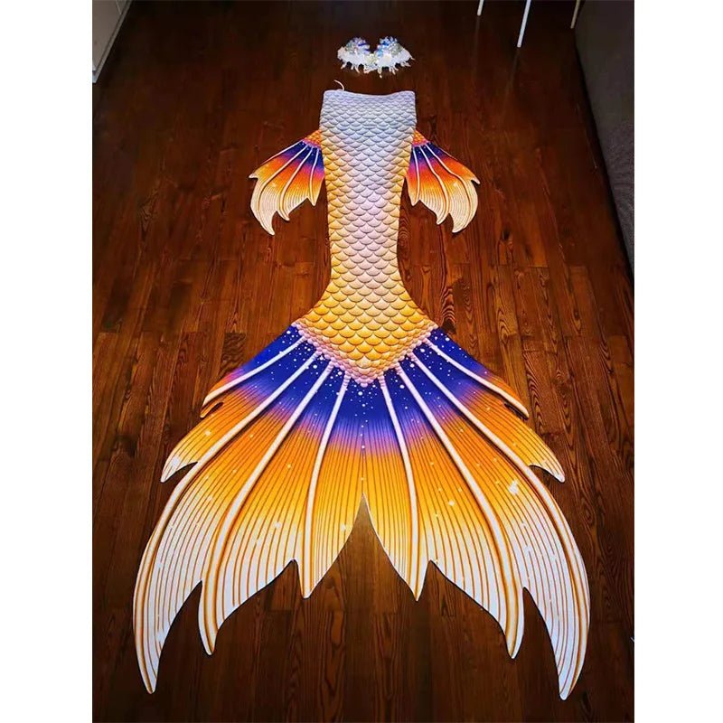 Mandotos International customized freediving mermaid tail bikini set with vibrant, realistic mermaid tail design for swimming and diving.