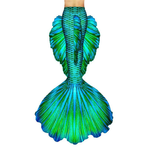 Customized MANDOTOS International mermaid tail bikini set with a vibrant swimming suit and realistic mermaid tail for freediving.