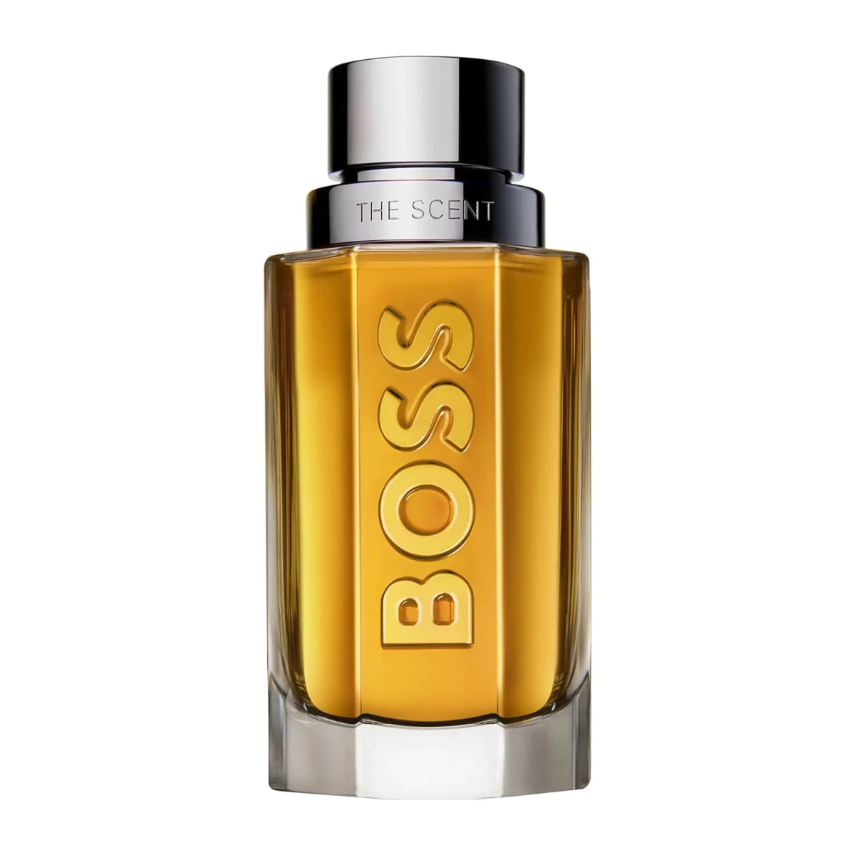 Hugo Boss THE SCENT For Men 1.6oz perfume bottle by Mandotos International, sleek glass container with dark liquid inside.
