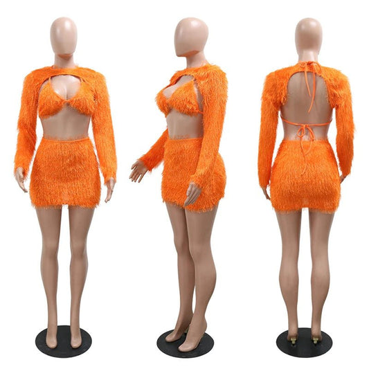 Mandotos International fleece 3-piece bikini and skirt set for ladies, suitable for club and party wear, in stock.