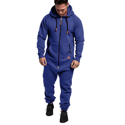 Mandotos International men's hooded fleece jumpsuit in solid color, casual style with a front zipper and hood.