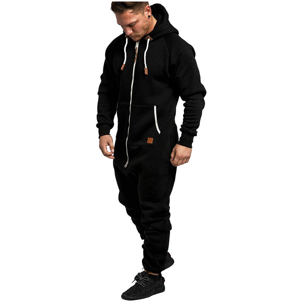 Mandotos International men's hooded fleece jumpsuit in solid color, casual and in-stock, perfect for comfortable everyday wear.