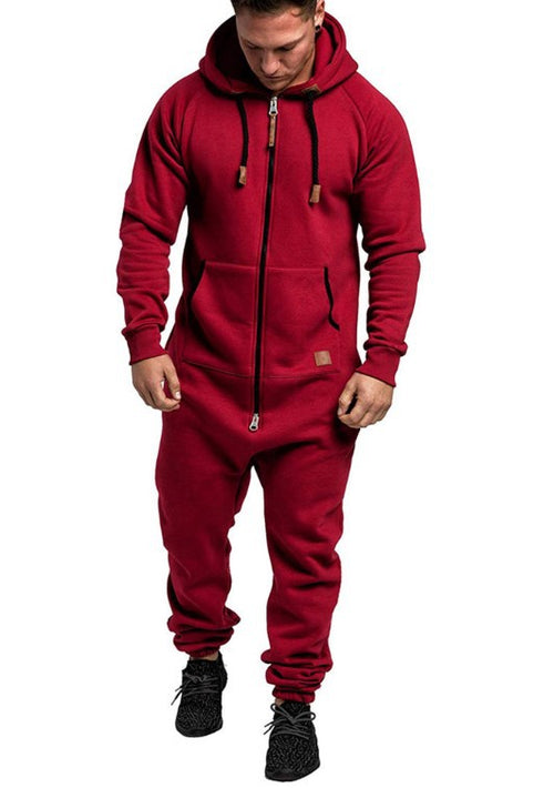 Mandotos International men's hooded fleece jumpsuit in solid color, casual and in-stock for easy wear and comfort.