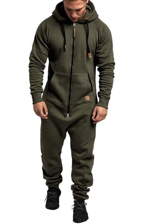 Mandotos International men's hooded fleece jumpsuit in solid color, casual and in-stock for comfortable, stylish everyday wear.