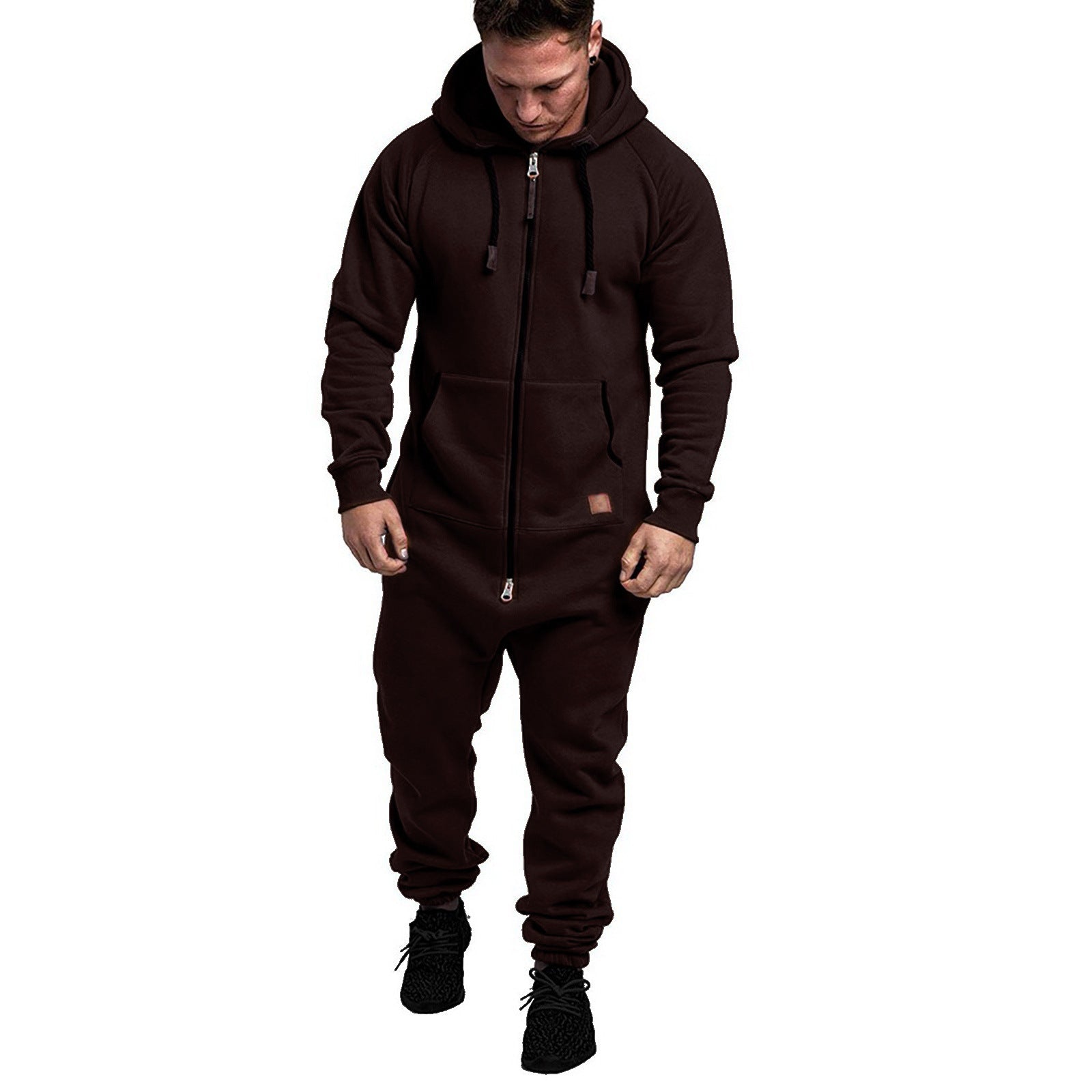 Mandotos International men's hooded fleece jumpsuit in solid color, casual style, in-stock foreign trade men's suit jumpsuit.