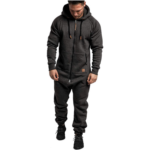 Mandotos International men's hooded fleece jumpsuit in solid color, casual and in-stock for foreign trade.