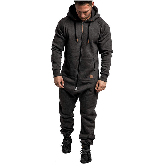 Mandotos International men's hooded fleece jumpsuit in solid color, casual and in-stock for foreign trade.