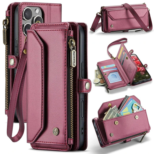 Mandotos International iPhone 16 Pro RFID multi-function wallet case with card slots and protective cover.