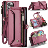 Mandotos International iPhone 16 Pro RFID multi-function wallet case with card slots and secure cover, black leather finish.