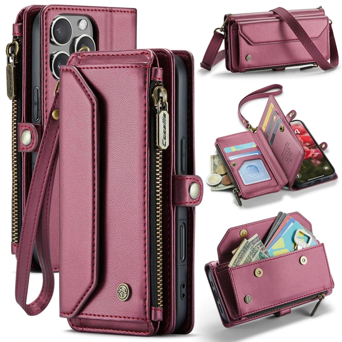 Mandotos International iPhone 16 Pro RFID multi-function wallet case with card slots and secure cover, black leather finish.