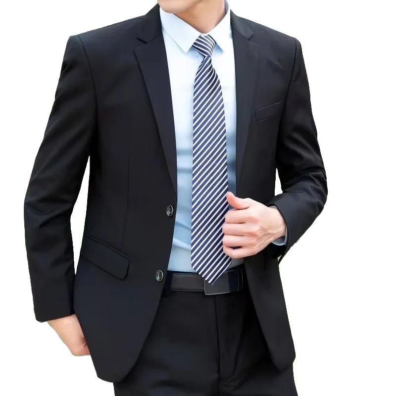 Italian style slim fit 8XL business suit set for wedding groom or best man, by MANDOTOS INTERNATIONAL, with tailored details.