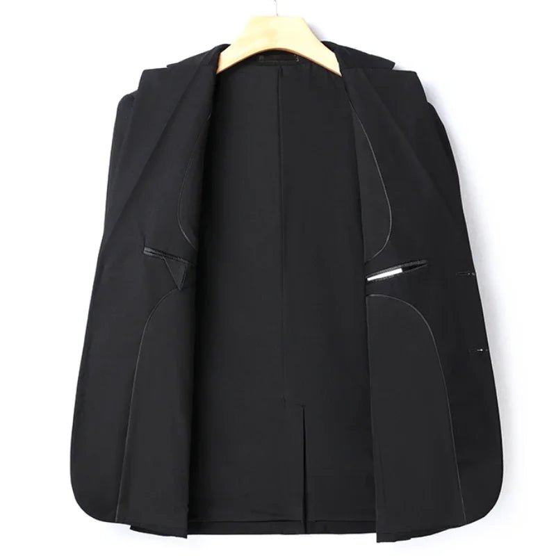 Italian style slim fit 8XL business suit set by Mandotos International, perfect for wedding groom or best man attire.