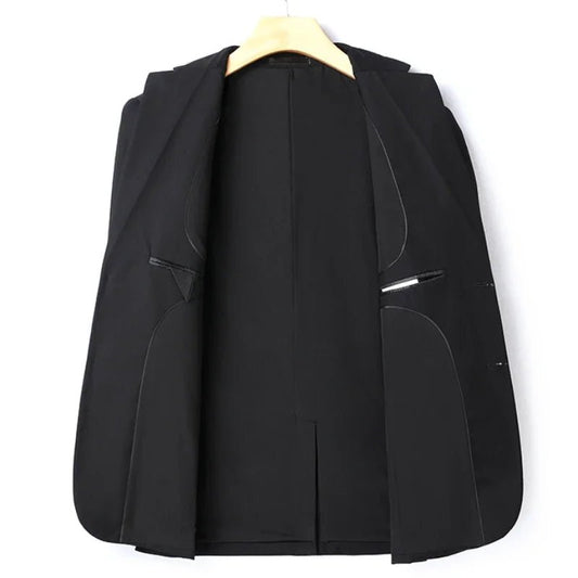 Italian style slim fit 8XL business suit set by Mandotos International, perfect for wedding groom or best man attire.