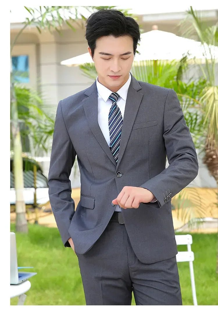 Italian style slim fit 8XL business suit set by MANDOTOS INTERNATIONAL, perfect for wedding groom or best man attire.