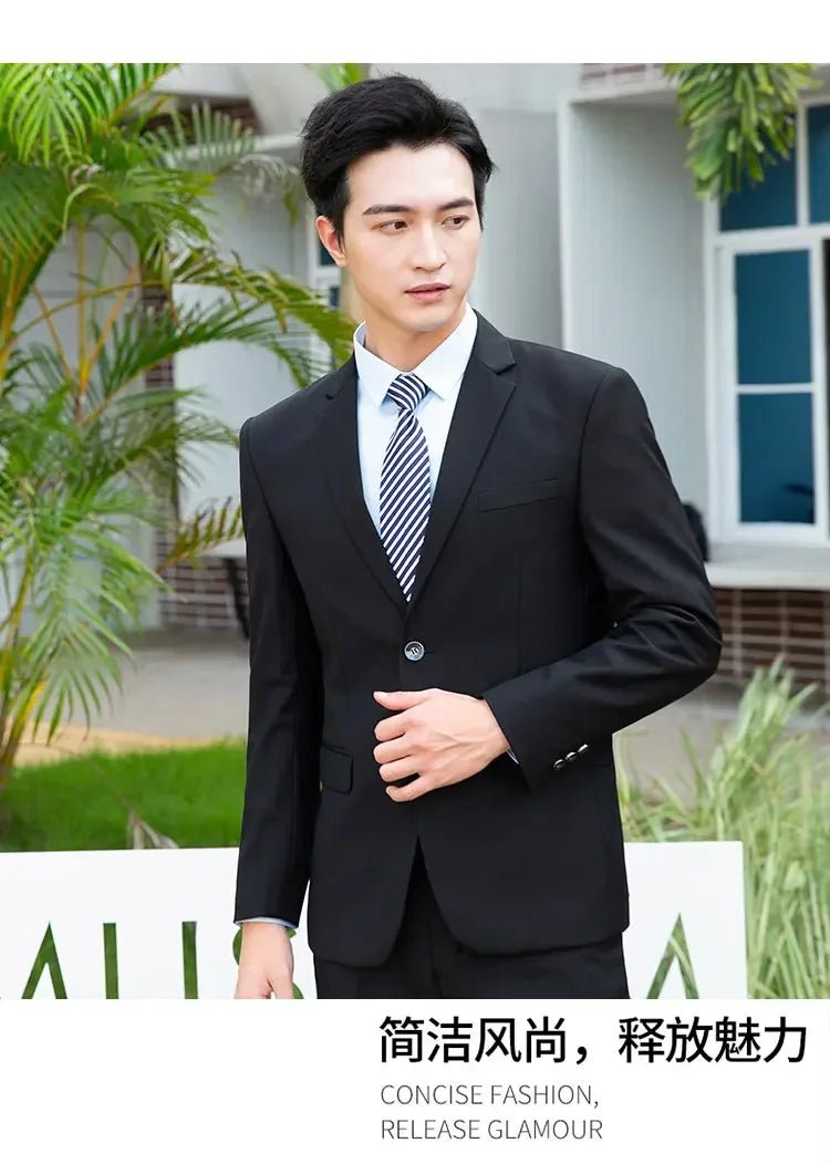 Italian style slim fit 8XL business suit set by MANDOTOS INTERNATIONAL, ideal for grooms and best men at weddings.