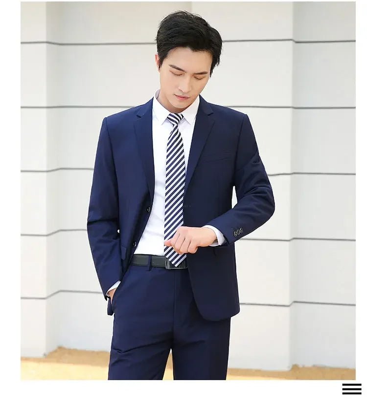 Italian style slim fit 8XL business suit set by MANDOTOS INTERNATIONAL, perfect for wedding groom or best man attire.