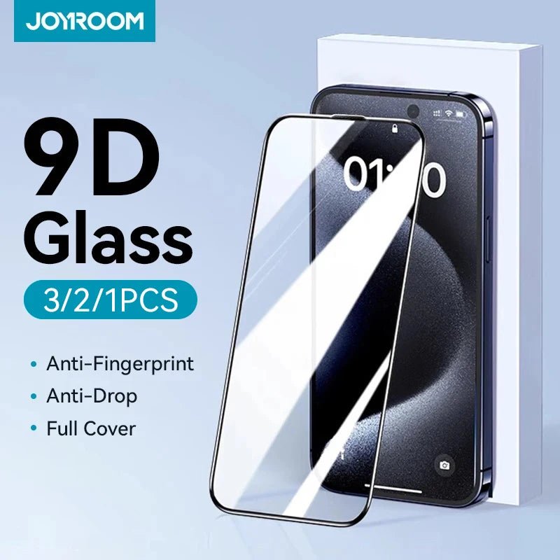Mandotos International Joyroom iPhone Pro Max HD tempered glass screen protector set with 1, 2, or 3 pieces for full-screen protection.