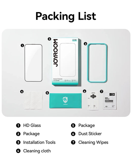 Mandotos International Joyroom iPhone Pro Max HD glass screen protector set with 1-3 tempered glass protectors for full device coverage.