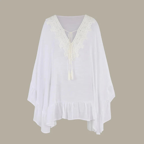 Mandotos International 2024 lace bikini cover-up blouse with V-neck, solid color, high-quality fabric, designed for girls.