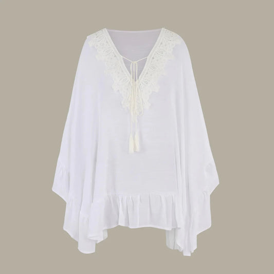 Mandotos International JSN9202262 2024 lace bikini cover-up blouse with V-neck, solid color, high-quality fabric for girls.