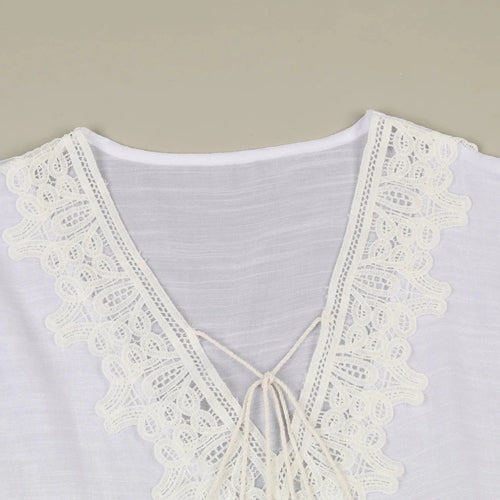 Mandotos International JSN9202262 lace bikini cover-up for girls, V-neck solid color blouse, high-quality and stylish for summer wear.