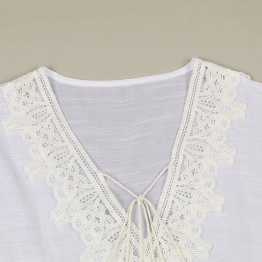 Mandotos International JSN9202262 lace bikini cover-up for girls, V-neck solid color blouse, high-quality and stylish for summer wear.