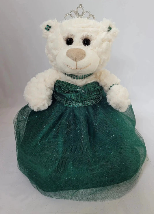 Emerald green 12-inch Quince Anos doll with dress and teddy bear centerpiece from KINNEX COLLECTIONS SINCE 1997 by MANDOTOS INTERNATIONAL.