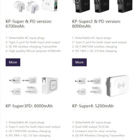 Mandotos International KP-Super6 Travel 10,000mAh PD wireless charger power bank with USB ports and compact design.