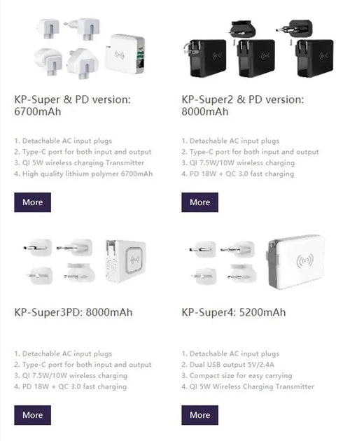 Mandotos International KP-Super6 Travel 10,000mAh PD wireless charger power bank with USB ports and compact design.
