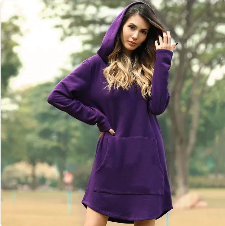 Mandotos International ladies' hoodie dress with front pockets, casual long-sleeve sweatshirt with hood for women.