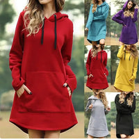 Ladies' hoodie dress with pockets by MANDOTOS INTERNATIONAL, featuring a comfortable fit and casual style.