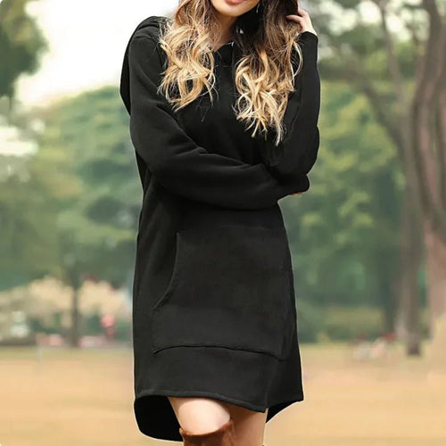 Ladies' hoodie dress with pockets by MANDOTOS INTERNATIONAL, featuring a cozy fit and casual style, shown in a front view.