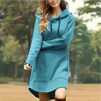 Ladies' hoodie dress with pockets by MANDOTOS INTERNATIONAL, featuring a comfortable fit and casual style, shown in the product image.