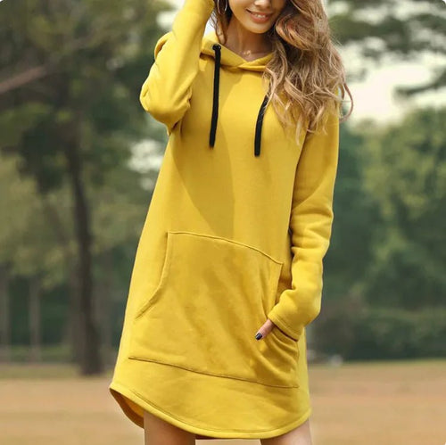 Ladies' hoodie dress with pockets by MANDOTOS INTERNATIONAL, featuring a casual fit and comfortable fabric.