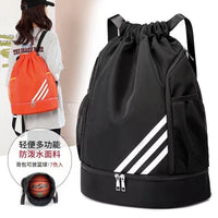 Large capacity Basketball backpack with drawstring closure and front pocket, by MANDOTOS INTERNATIONAL, suitable for sports and gym use.