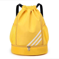 Large capacity basketball backpack by MANDOTOS INTERNATIONAL with drawstring closure and multiple pockets for storage.