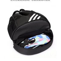 Large capacity basketball backpack by MANDOTOS INTERNATIONAL with drawstring closure and multiple pockets for sports gear storage.