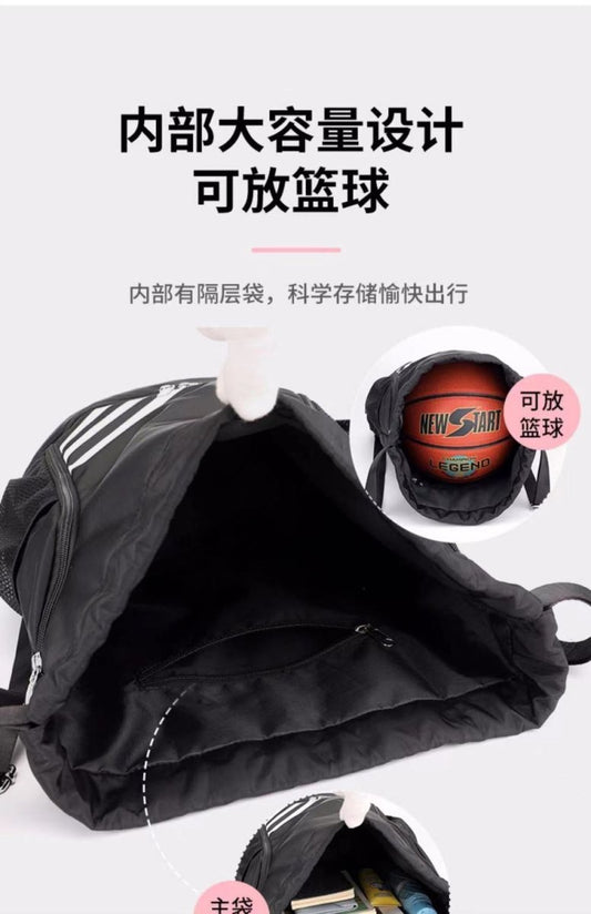 Large capacity MANDOTOS INTERNATIONAL basketball backpack with drawstring pocket and multiple compartments for sports gear storage.