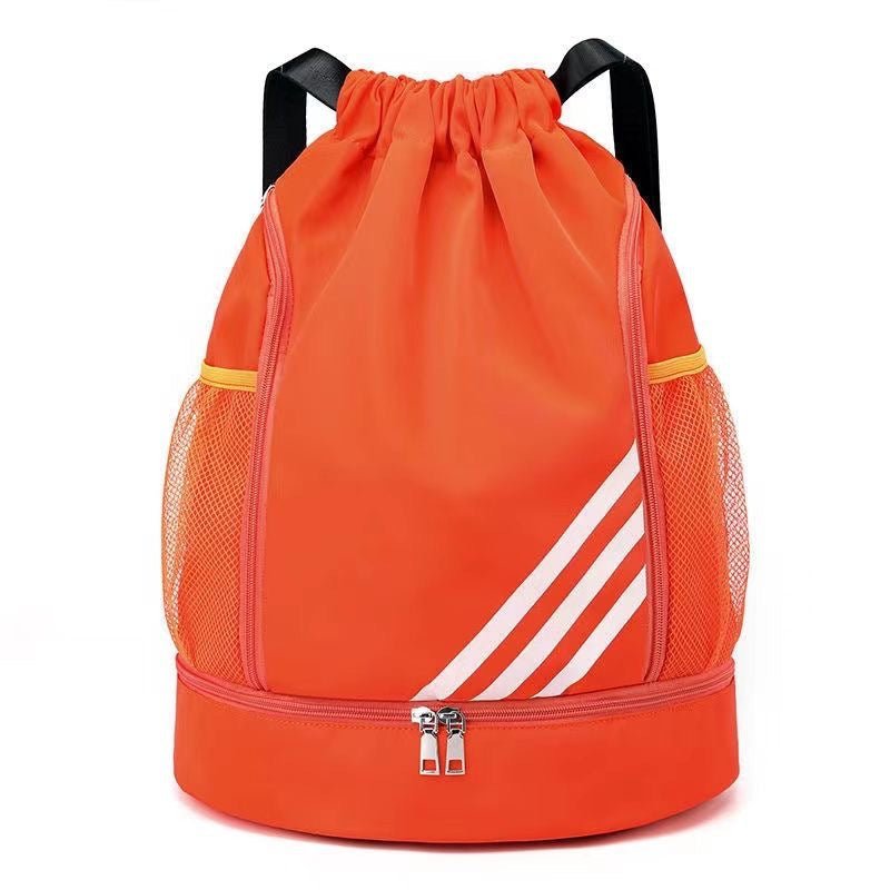 Large basketball backpack with drawstring pocket, spacious interior, and adjustable straps by MANDOTOS INTERNATIONAL.