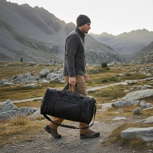 Large capacity MANDOTOS INTERNATIONAL tactical duffel bag with shoe compartment, ideal for travel, gym, and weekend trips.