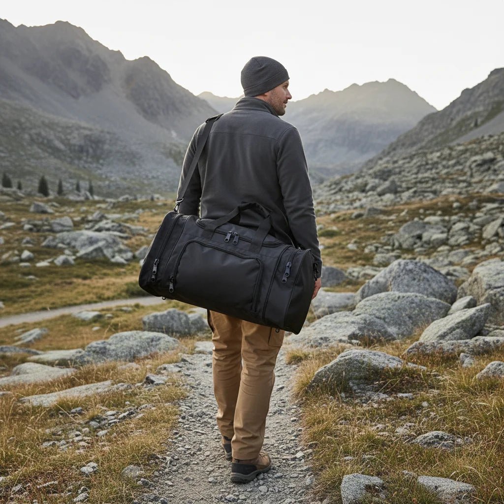 Mandotos International large capacity duffle bag with shoe compartment, ideal for travel, sports, and gym use.