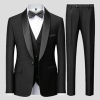 Large size men's three-piece suit for autumn wedding party, slim fit style by MANDOTOS INTERNATIONAL, shown on a model.