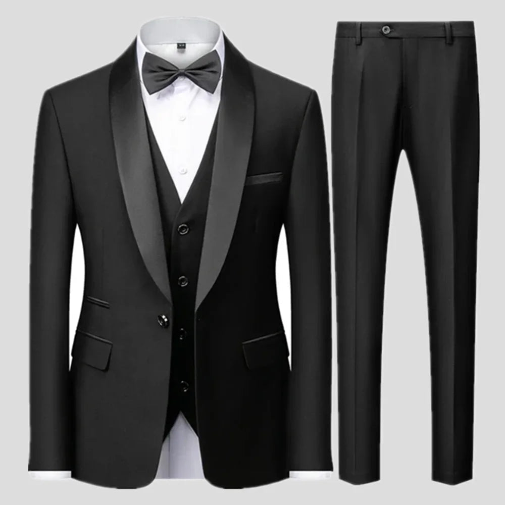 Large size men's three-piece suit for autumn wedding party, slim fit style by MANDOTOS INTERNATIONAL, shown on a model.