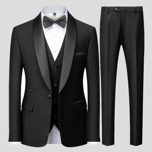 Large size men's three-piece suit for autumn wedding party, slim fit style by MANDOTOS INTERNATIONAL, shown on a model.
