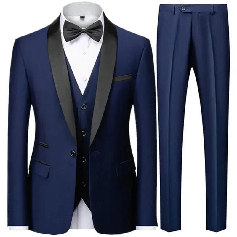 Large size men's three-piece suit by MANDOTOS INTERNATIONAL, slim fit style for autumn wedding parties, featuring jacket, vest, and trousers.